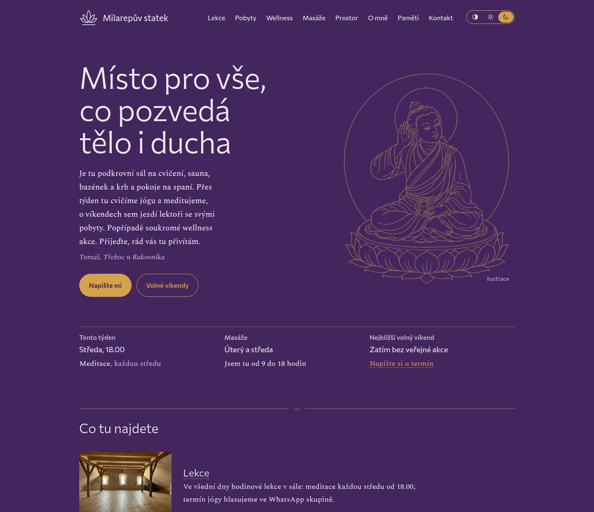 Úvodní stránka webu milarepuvstatek.cz: motto, ilustrace Milarepy a přehled lekcí, pobytů, wellness a masáží