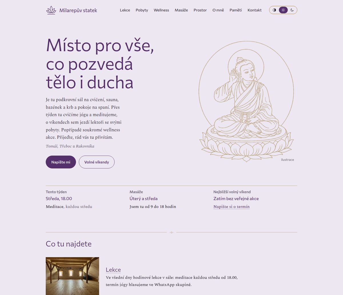 Úvodní stránka webu milarepuvstatek.cz: motto, ilustrace Milarepy a přehled lekcí, pobytů, wellness a masáží